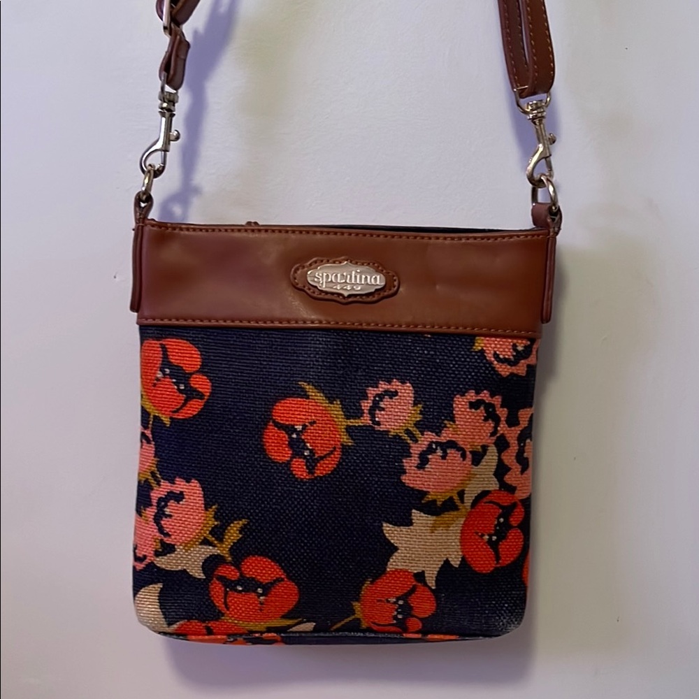 Spartina 449 Blue and Brown Crossbody Bag with Floral Design